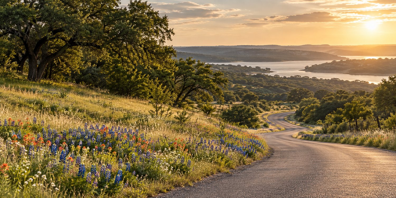 A winding Hill Country road through wildflowers toward a sunlit horizon